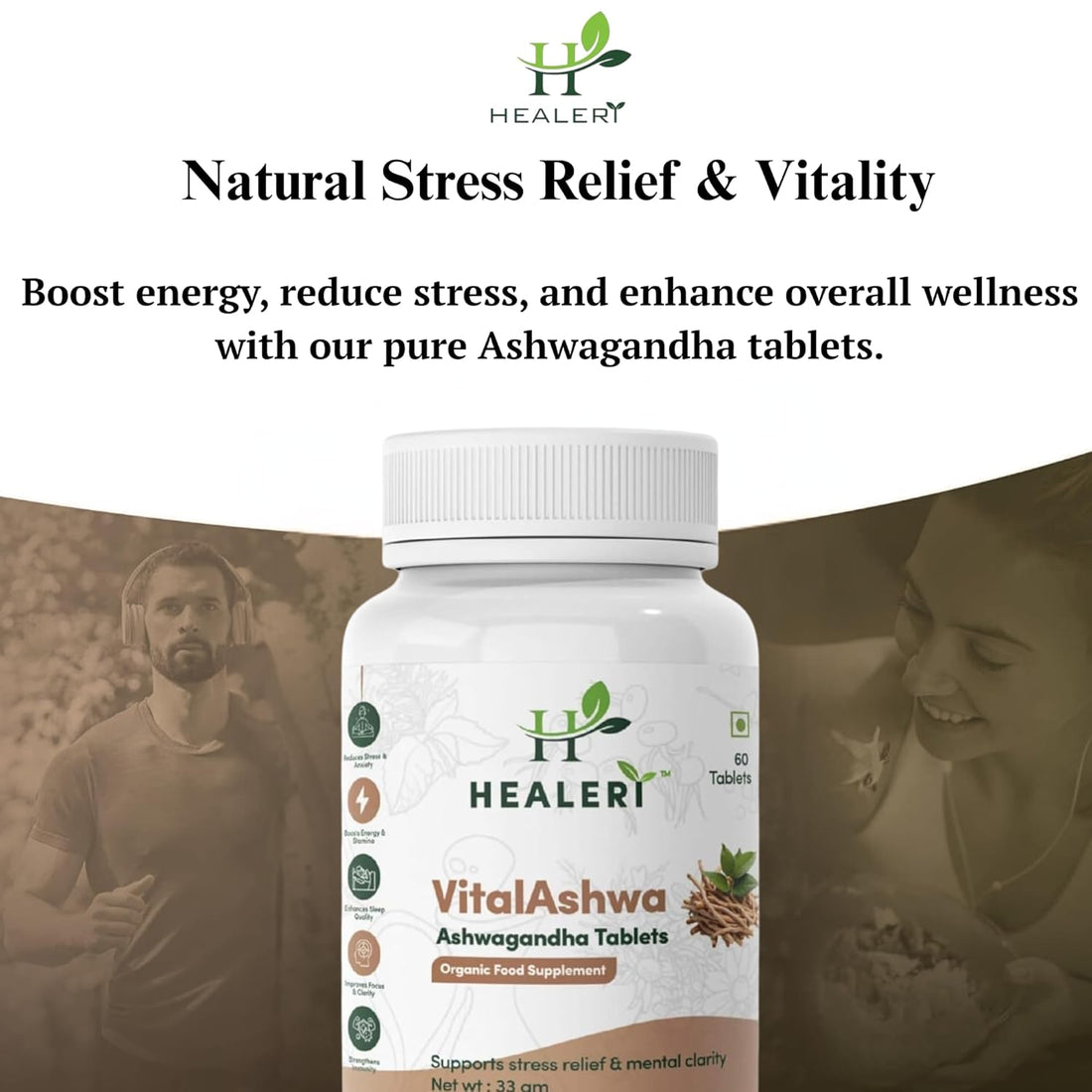Ashwagandha Tablets, Natural Support for Stress Relief, Strength & Immune Health, Enhances Vitality & Stamina, Natural Calm Focus, Helps Manage Stress & Endurance – Pack of 2