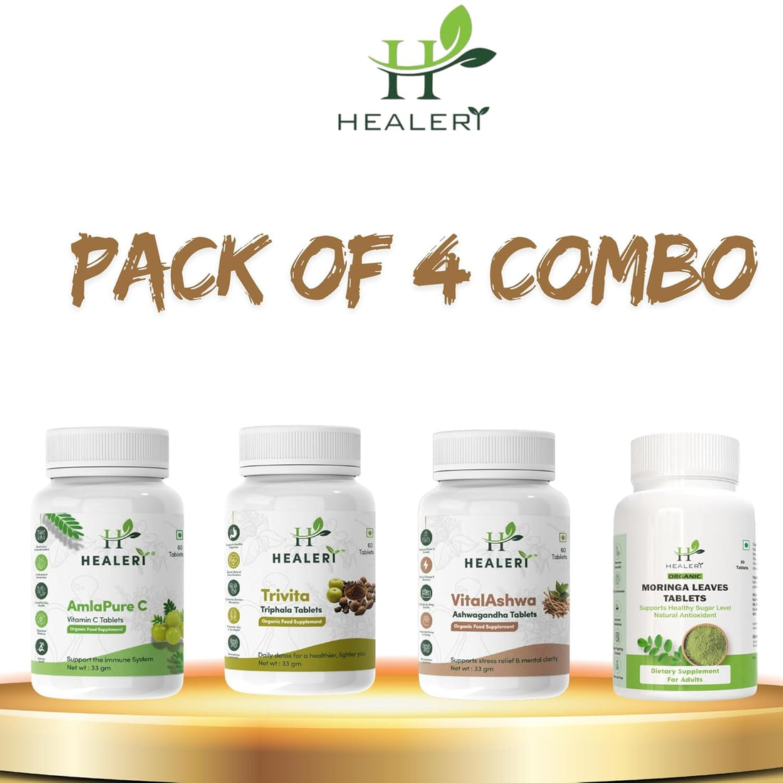Ayurvedic Herbal Tablets Combo – Ashwagandha, Amalaki, Triphala & Moringa, Immunity, Plant Based, Digestion, Energy & Stress Support, Natural Health Supplement, Pack of 4 (4x60 Tabs)
